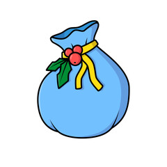 Blue gift bag with ribbon and holly berries. Vector cartoon illustration. Isolated object on a white background.