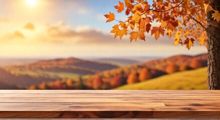 Naklejka na ściany i meble Wood table top on beautiful landscape autumn sunlight background - can be used for display or montage your products. High quality photo.