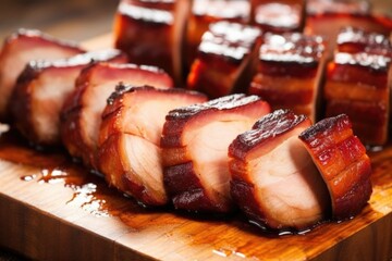 slices of barbecued pork belly on wooden board - obrazy, fototapety, plakaty