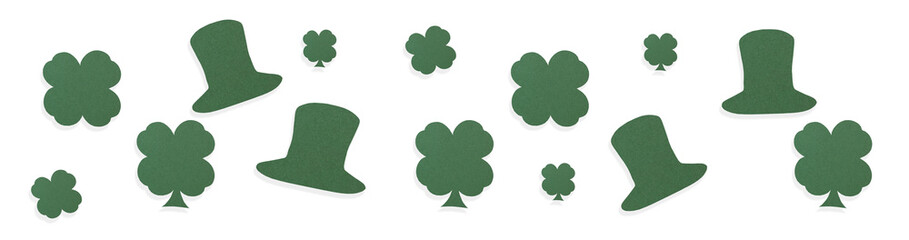 Happy St. Patrick's Day banner. Green clover and paper hat. PNG, isolated on Transparent background.