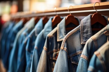 Obraz premium Blue Denim Jackets Hanging On A Rack