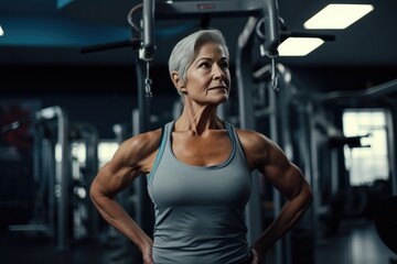 Fototapeta na wymiar Confident Middleaged Woman Exercises In The Gym
