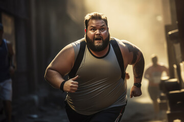 Fototapeta na wymiar Determined Overweight Man Running Marathon, Pushing Limits