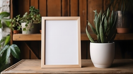 Frame concept mockup on wooden table with blurred background, soft color and modern look