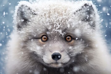 close-up of arctic foxs face with snowflakes