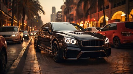 Luxury vehicle shining on a wet boulevard at twilight.
