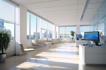Office Or Medical Hall With Panoramic Windows, Creating Luminous Ambiance