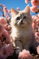 Cute kitten in a blooming rose garden