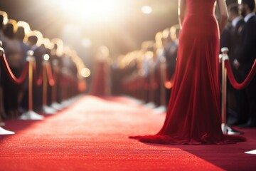 Red Carpet Rolled Out At Movie Premiere With Paparazzi. Сoncept Glamorous Red Carpet, Movie Premiere, Paparazzi Frenzy, Hollywood A-Listers, Celebrity Fashion