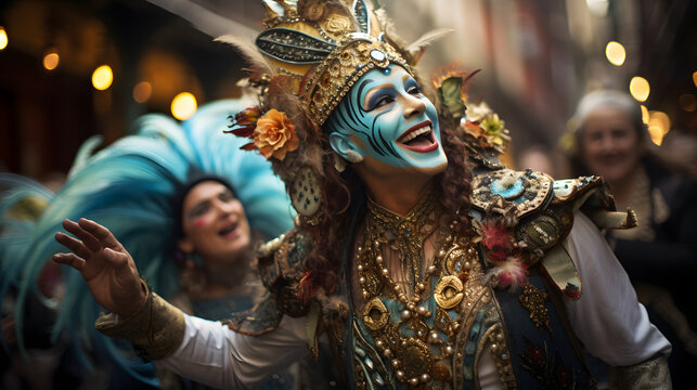 A whimsical image of street performers in ornate costumes, adding an element of surprise and enchantment to the Mardi Gras festivities.