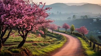 Landscape in DA Lat, Vietnam Cherry and apricot trees bloom along a road in the early spring morning, with traffic in the background, creating a picture of pleasant living in rural DA Lat plateau, Vie