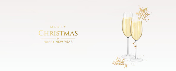 Christmas and New Year greeting card with transparent realistic two glasses of champagne with ribbons, snowflakes and confetti. - obrazy, fototapety, plakaty