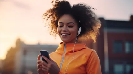 Tuinposter Young African American woman with smartphone and headphones during a jogging workout in the summer city street. Jogging with your favorite music in headphones, away from the noise of the big city. © Stavros