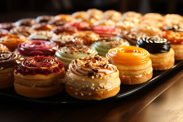many kind of little pastries with cream, chocolate and fruit. bakery concept.