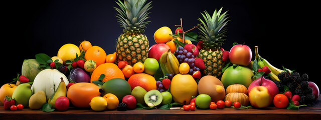 a collection of exotic fruits, beautifully arranged and vividly colored, highlighting freshness
