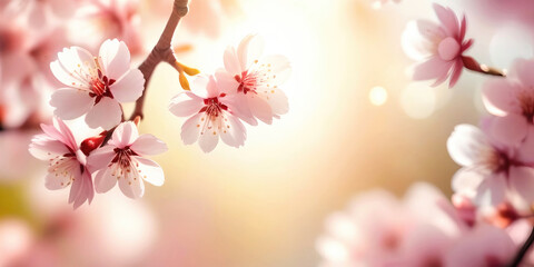 Naklejka na ściany i meble Beautiful spring bright natural background with soft pink sakura flowers close-up.