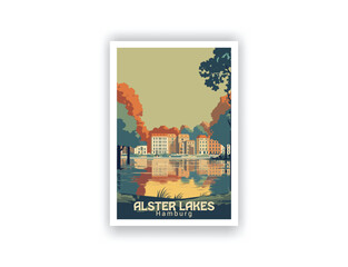 Alster Lakes, Hamburg. Vintage Travel Posters. Vector art. Famous Tourist Destinations Posters Art Prints Wall Art and Print Set Abstract Travel for Hikers Campers Living Room Decor
