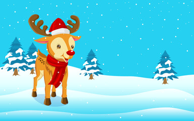 Reindeer cartoon on snowy hills for Christmas, vector illustration