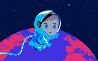 Chibi cartoon illustration of an astronaut joyfully floating above Earth, vector illustration