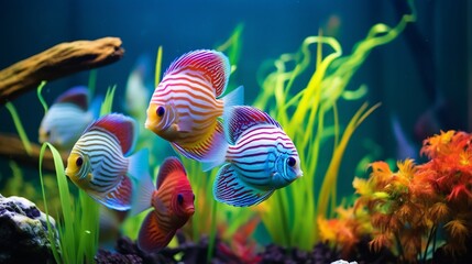 Obraz na płótnie Canvas Colorful Discus Fish swimming in a fish tank This is a type of ornamental fish that is used to adorn the house scene. 