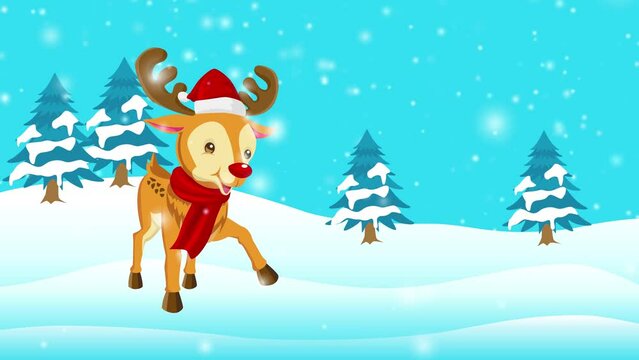 Reindeer cartoon on snowy hills for Christmas, motion graphics