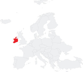 Red CMYK national map of IRELAND inside gray blank political map of European continent on transparent background using Robinson projection