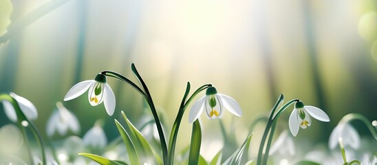 Beautiful gentle spring background with snowdrop flowers in nature. - obrazy, fototapety, plakaty