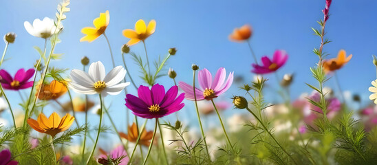 Beautiful spring summer bright natural background with colorful cosmos flowers close up.