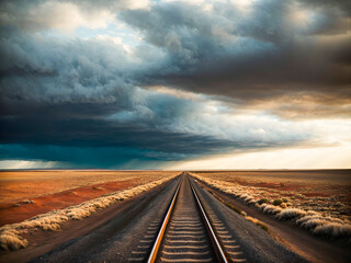 a single railway track extending straight into the horizon through a stark landscape of sand