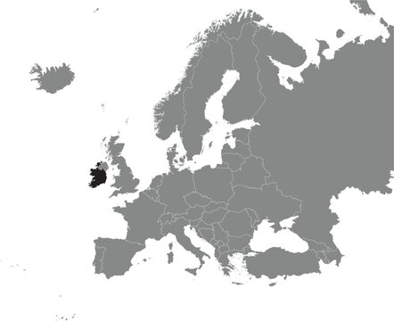 Black CMYK national map of IRELAND inside detailed gray blank political map of European continent on transparent background using Mercator projection
