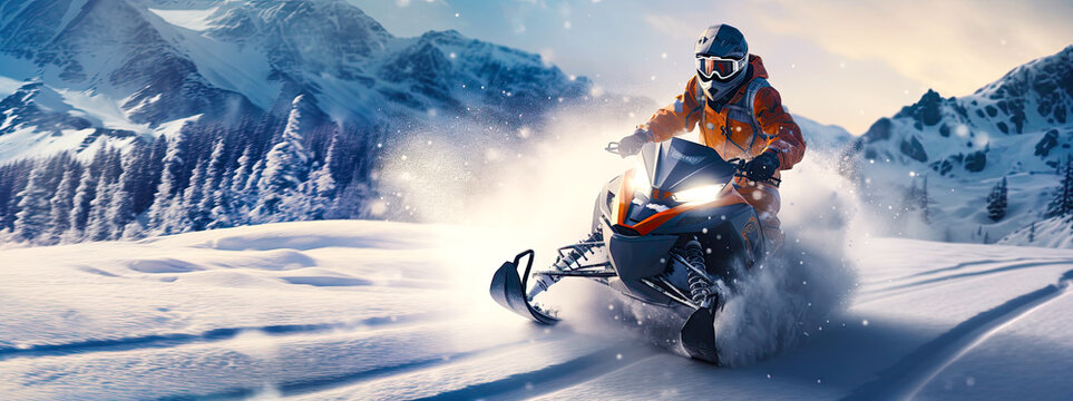 Fast snowmobile rider rides through snowy winter landscape. Postproducted generative AI illustration.
