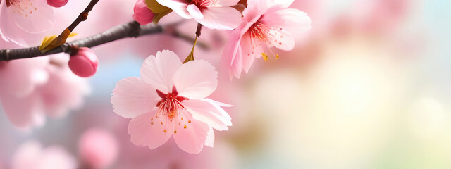 Beautiful spring bright natural background with soft pink sakura flowers close-up. - obrazy, fototapety, plakaty