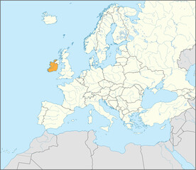 Orange CMYK national map of IRELAND inside detailed beige blank political map of European continent with rivers and lakes on blue background using Mercator projection