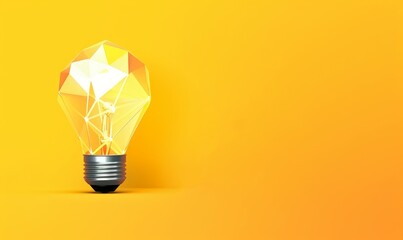 Incandescent lamp on bright yellow background in polygonal style. Landing page for start up or education or creative idea, Generative AI - obrazy, fototapety, plakaty