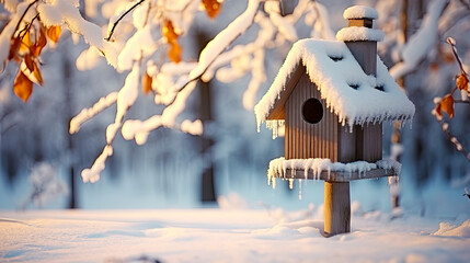Wooden bird house in the winter landscape with snowy tree branches. Postproducted generative AI illustration.