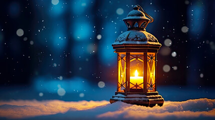 Winter snowy evening and lantern with burning candle inside. Postproducted generative AI illustration. - obrazy, fototapety, plakaty