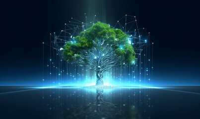 Tree growth as a leadership concept in digital futuristic polygonal style. Technological source of energy or artificial intelligence. Generative AI