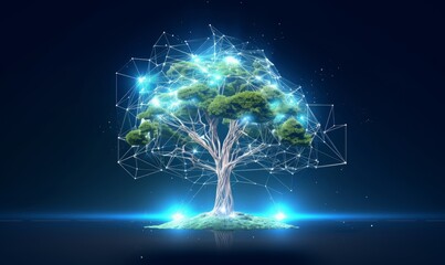 Tree growth as a leadership concept in digital futuristic polygonal style. Technological source of energy or artificial intelligence. Generative AI