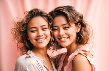 Two young beautiful girls hugging, laughing and smiling against a flat pastel pink background