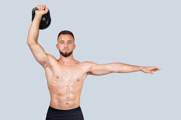 Strength workout, power sport. Confident sweat strong muscular millennial european man with naked torso - obrazy, fototapety, plakaty