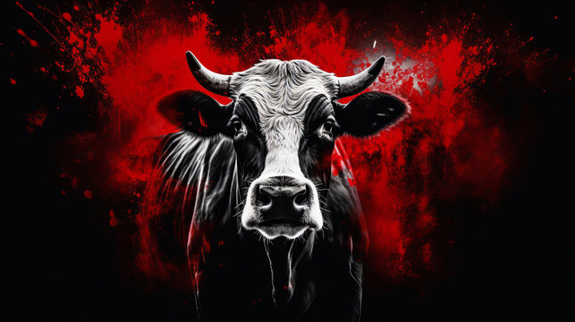 Sorrowful cow before slaughter against gruesome bloody backdrop in slaughterhouse embodies cruelty and sadness of meat industry, animal suffering in grim reality of slaughterhouses, meat eating