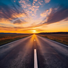 Naklejka premium Empty asphalt road and beautiful sky at sunset, panoramic view. High quality photo