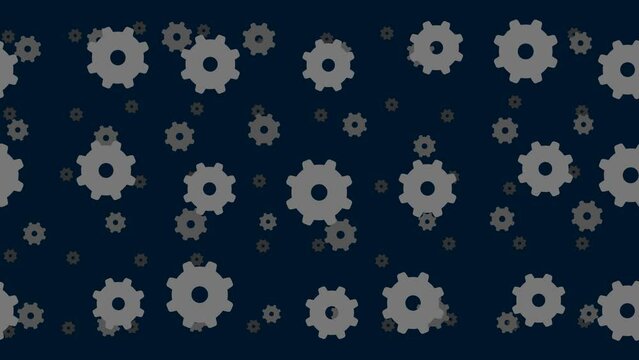Gear symbols float horizontally from left to right. Parallax fly effect. Floating symbols are located randomly. Seamless looped 4k animation on dark blue background