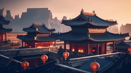 Beautiful view of chinese temple in Hong Kong, China. - obrazy, fototapety, plakaty
