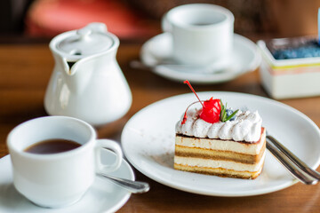 cake on table with tea, dessert, relax time