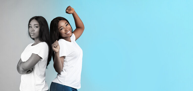 Mood Swings Concept. Young African American Female Expressing Contrasting Emotions