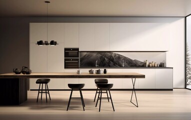 Realistic photo of a modern and elegant minimalist household kitchen. generative ai