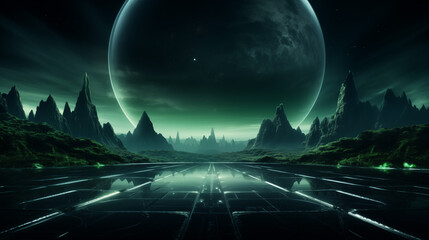 Majestic Alien Landscape with Luminous Vegetation and Massive Planetary Body in the Night Sky. Generative AI - obrazy, fototapety, plakaty