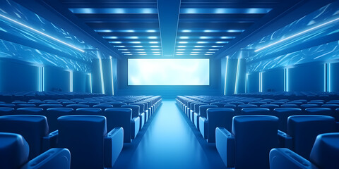 Empty of cinema in blue color with white blank screen. Mockup of hall, no people and auditorium - obrazy, fototapety, plakaty