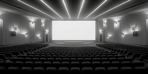 empty conference room, Empty of cinema with white blank screen. Mockup of hall, no people and auditorium